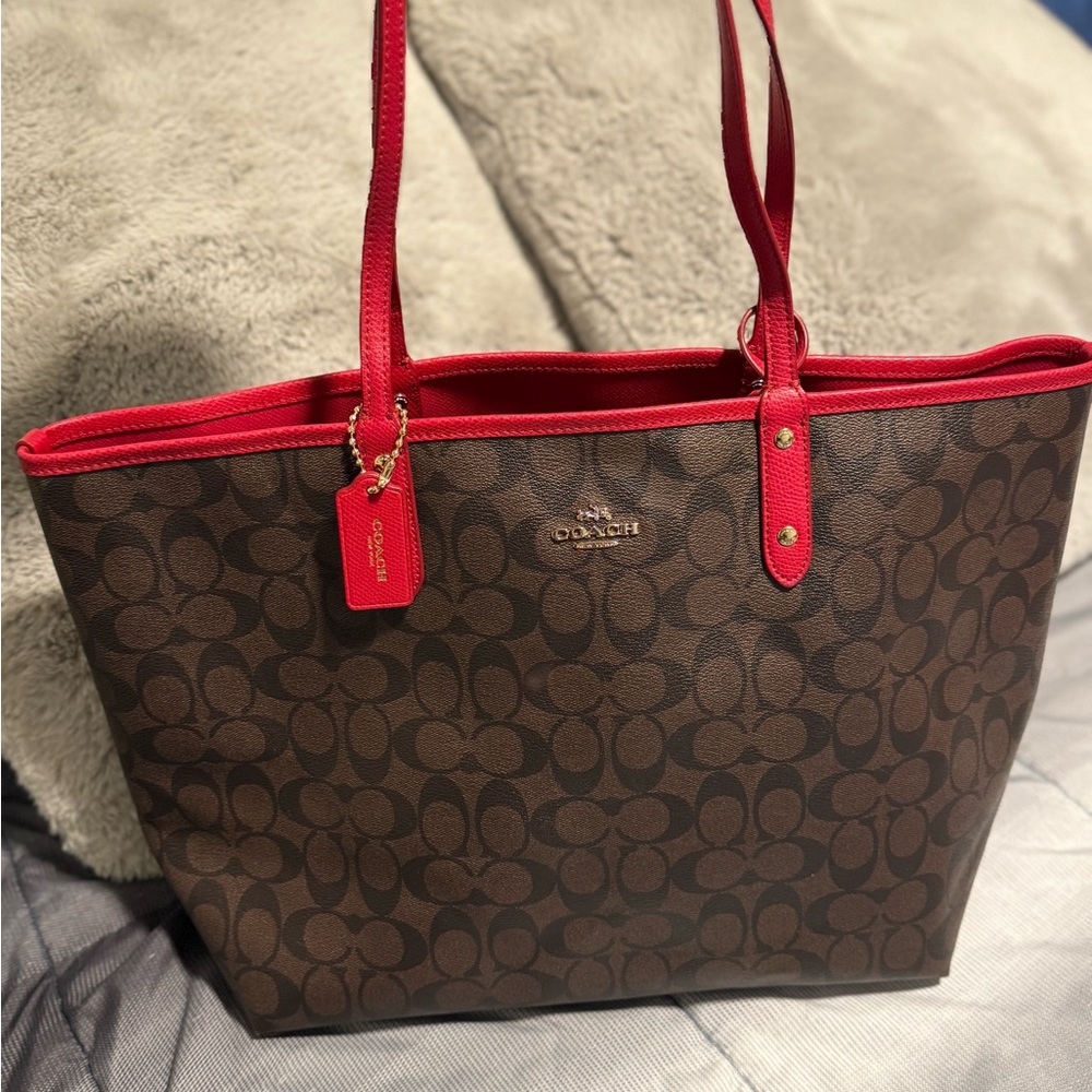 Coach Brown Signature Tote with Red Trim and Straps